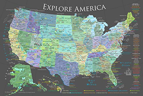 National Parks Map Poster with 600+ NPS Site and USA Travel Destinations - Slate Edition (24W x 18H inches)