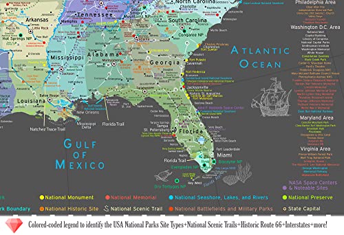 National Parks Map Poster with 600+ NPS Site and USA Travel Destinations - Slate Edition (24W x 18H inches)