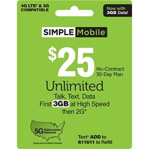 simple mobile $25 unlimited talk,text&data (3gb high–speed)[physical delivery]