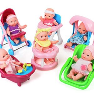 Click N' Play Mini 5 Inch Baby Girl Toy Dolls with Stroller, High Chair, Bathtub, Infant Seat, and Swing Accessories for Girls 3-6 Years Old