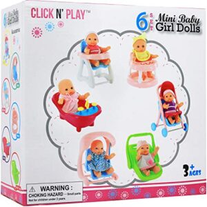 Click N' Play Mini 5 Inch Baby Girl Toy Dolls with Stroller, High Chair, Bathtub, Infant Seat, and Swing Accessories for Girls 3-6 Years Old