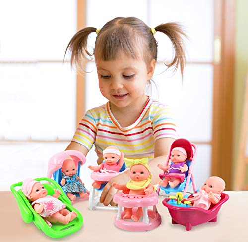 Click N' Play Mini 5 Inch Baby Girl Toy Dolls with Stroller, High Chair, Bathtub, Infant Seat, and Swing Accessories for Girls 3-6 Years Old