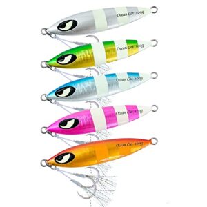 ocean cat slow pitch jig combo flat fall jigs vertical jigging fishing lures with jig hook for saltwater fishing 100g/150g/200g/250g (150g, each color 1 pc(all 5 pcs))