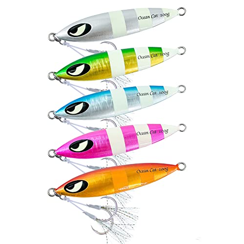 OCEAN CAT Slow Pitch Jig Combo Flat Fall Jigs Vertical Jigging Fishing Lures with Jig Hook for Saltwater Fishing 100G/150G/200G/250G (150g, Each Color 1 pc(All 5 pcs))