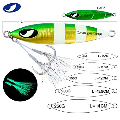 OCEAN CAT Slow Pitch Jig Combo Flat Fall Jigs Vertical Jigging Fishing Lures with Jig Hook for Saltwater Fishing 100G/150G/200G/250G (150g, Each Color 1 pc(All 5 pcs))