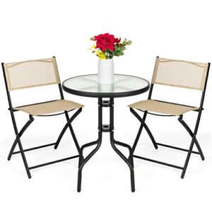 best choice products 3-piece patio bistro dining furniture set w/textured glass tabletop, 2 folding chairs, steel frame, polyester fabric - beige