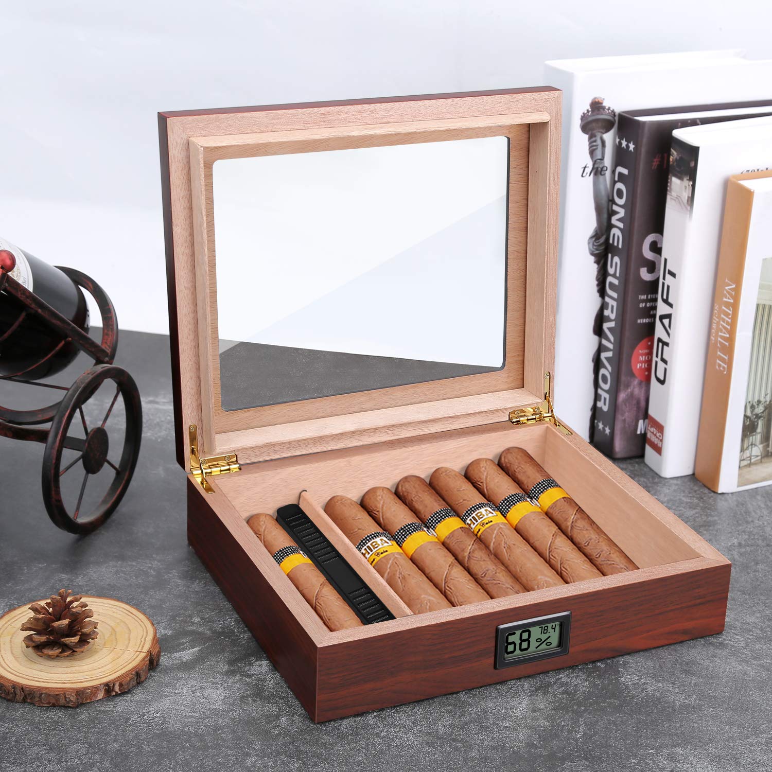 Cigar Humidor Cigar Box with Humidifier and Digital Hygrometer Glass Top for 20-25 Cigars Pouch Gifts for Dad