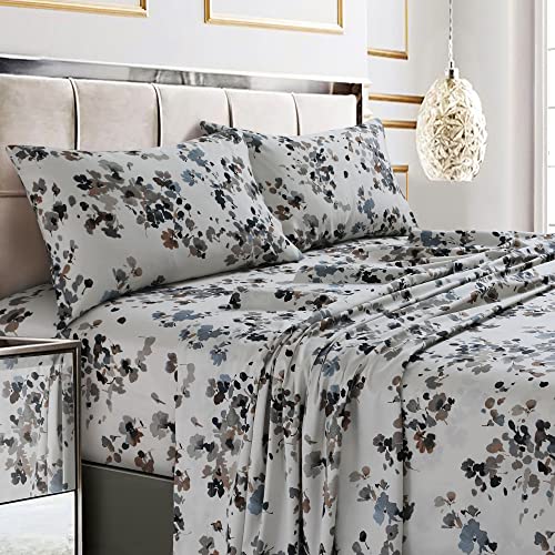 Tribeca Living California King Bed Sheet Set, Soft Cotton Sateen Printed Sheets Floral Print, Extra Deep Pocket, 300 Thread Count, 4-Piece Bedding Sets, Lisbon Grey/Multi, (LISB4PSSCKGR)