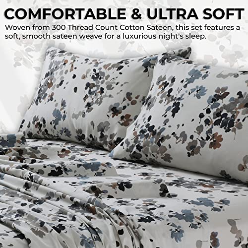 Tribeca Living California King Bed Sheet Set, Soft Cotton Sateen Printed Sheets Floral Print, Extra Deep Pocket, 300 Thread Count, 4-Piece Bedding Sets, Lisbon Grey/Multi, (LISB4PSSCKGR)