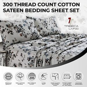 Tribeca Living California King Bed Sheet Set, Soft Cotton Sateen Printed Sheets Floral Print, Extra Deep Pocket, 300 Thread Count, 4-Piece Bedding Sets, Lisbon Grey/Multi, (LISB4PSSCKGR)