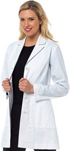 med couture boutique women's tailored mid length lab coat, white, 16