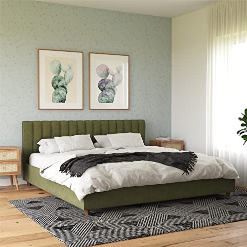 Novogratz Brittany Upholstered Platform Bed Frame, Green Linen, King