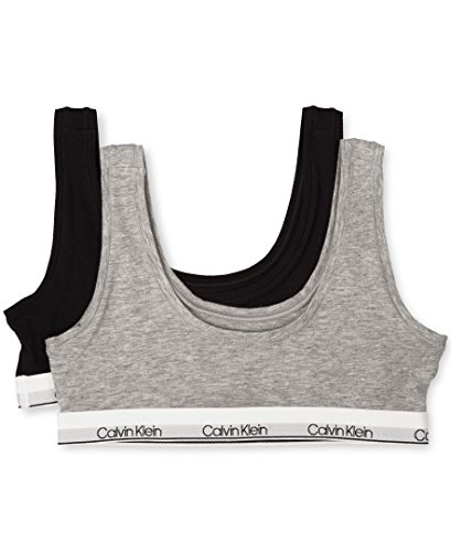 Calvin Klein Girls' Big Modern Cotton Bralette, Singles and Multipack, 2 Pack-Heather Grey, Classic Black, Large