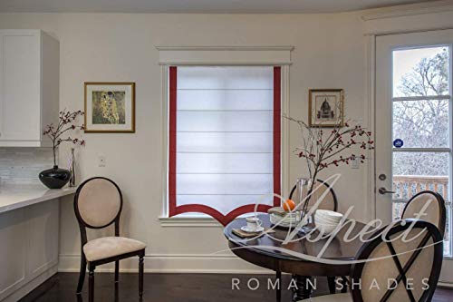 LOGANOVA Flat Roman Shade Chevalle Brick. White base, luxuriant red border on three sides, scalloped bottom and chain mechanism. Custom made.