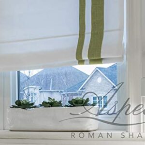 LOGANOVA Flat Roman Shade Chevalle Pine. White base with light green double border and chain mechanism. Custom made.