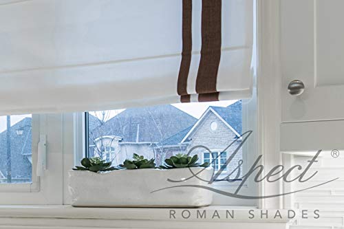 LOGANOVA Flat Roman Shade Chevalle Chocolate. White base with double dark brown border and chain mechanism. Custom made.