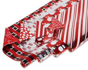 american greetings 80 sq. ft. reversible christmas foil wrapping paper bundle, red, black and silver, candy cane stripe, snowmen and santa belt (4 rolls 30 in. x 8 ft.)