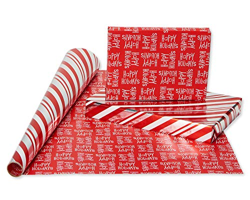 American Greetings 80 sq. ft. Reversible Christmas Foil Wrapping Paper Bundle, Red, Black and Silver, Candy Cane Stripe, Snowmen and Santa Belt (4 Rolls 30 in. x 8 ft.)