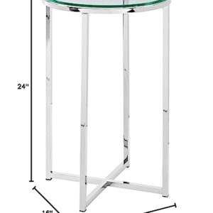 Walker Edison Cora Modern Glass Top Round Accent Table with X Base, 16 Inch, Glass and Chrome