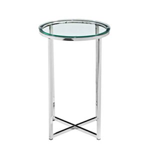 Walker Edison Cora Modern Glass Top Round Accent Table with X Base, 16 Inch, Glass and Chrome