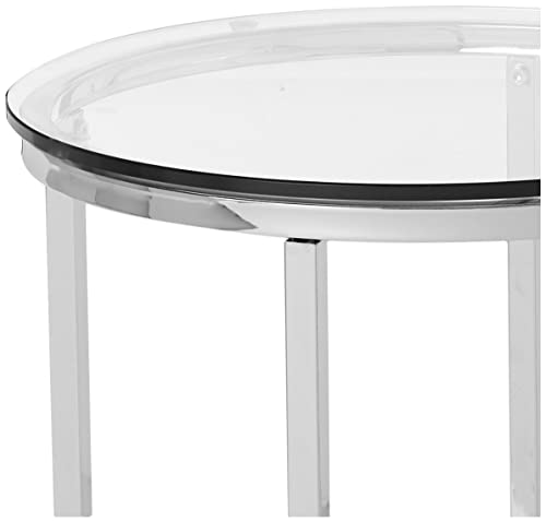 Walker Edison Cora Modern Glass Top Round Accent Table with X Base, 16 Inch, Glass and Chrome