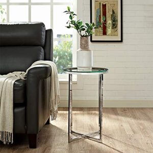 Walker Edison Cora Modern Glass Top Round Accent Table with X Base, 16 Inch, Glass and Chrome