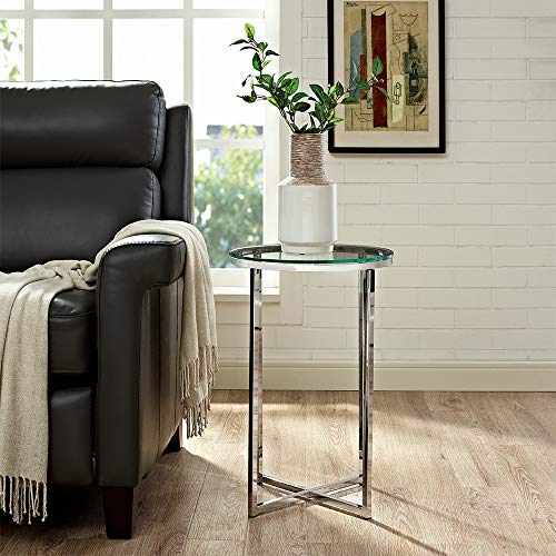Walker Edison Cora Modern Glass Top Round Accent Table with X Base, 16 Inch, Glass and Chrome
