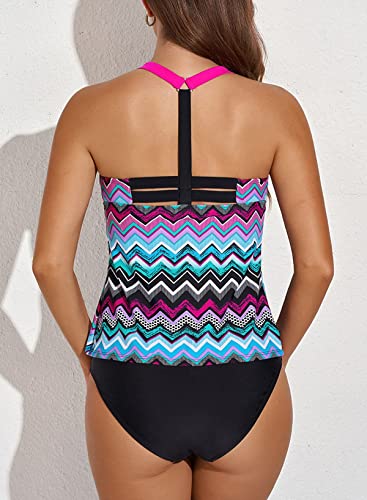 Aleumdr Womens Ladies Striped Zigzag Print Color Block Open Back Bandeau Blouson Push up Tankini Swim Bikini Top No Bottom Swimsuit Bathing Suit Swimwear Purple Plus Size XL 14 16