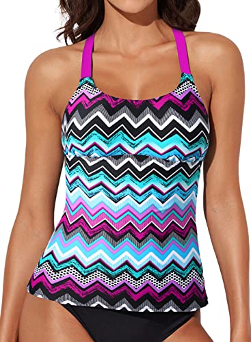 Aleumdr Womens Ladies Striped Zigzag Print Color Block Open Back Bandeau Blouson Push up Tankini Swim Bikini Top No Bottom Swimsuit Bathing Suit Swimwear Purple Plus Size XL 14 16