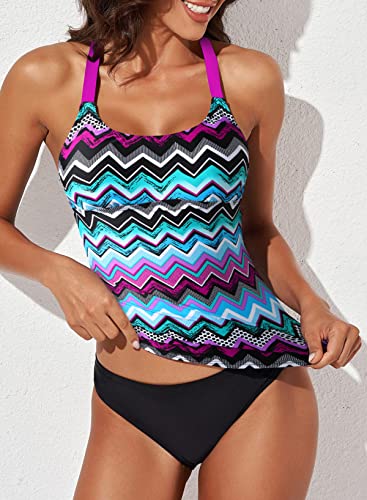 Aleumdr Womens Ladies Striped Zigzag Print Color Block Open Back Bandeau Blouson Push up Tankini Swim Bikini Top No Bottom Swimsuit Bathing Suit Swimwear Purple Plus Size XL 14 16