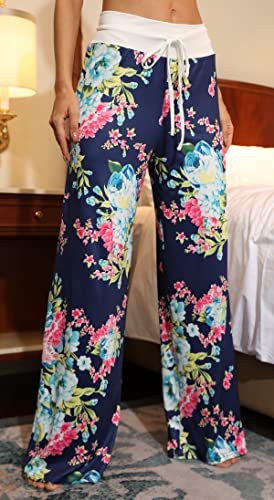 X-Image Women's Floral Printed High Waist Drawstring Wide Leg Palazzo Lounge Pants S-XXL Blue 4, X-Large