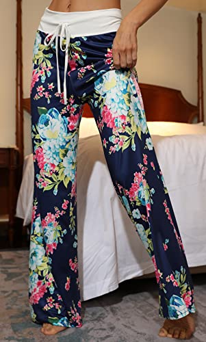 X-Image Women's Floral Printed High Waist Drawstring Wide Leg Palazzo Lounge Pants S-XXL Blue 4, X-Large