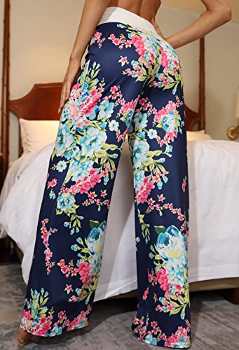 X-Image Women's Floral Printed High Waist Drawstring Wide Leg Palazzo Lounge Pants S-XXL Blue 4, X-Large