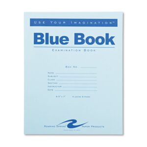 roaring spring exam blue book, wide rule with margin, 8-1/2 x 7 inches, white, 4 sht/8 page, 5 pack, 77510
