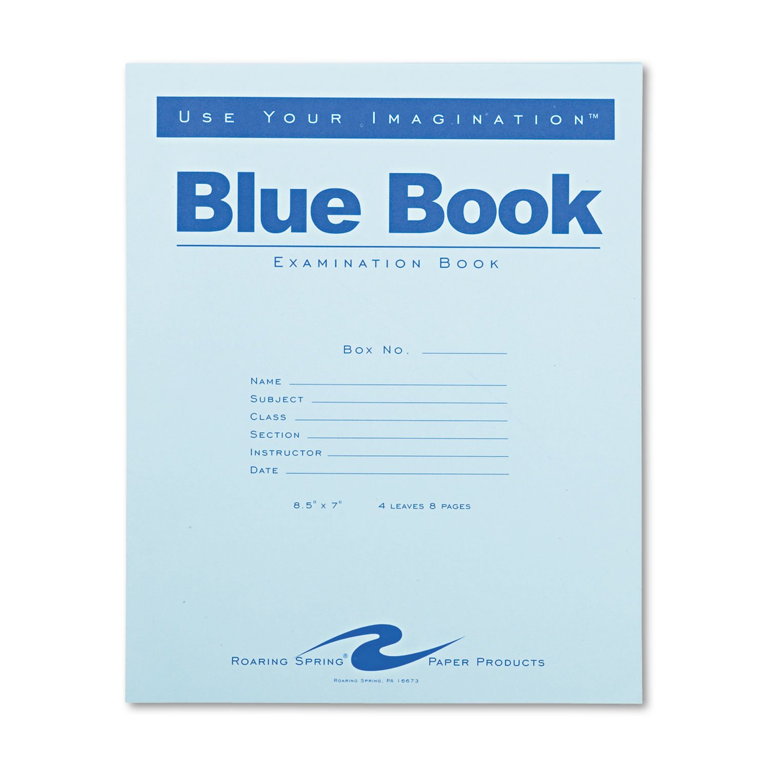 Roaring Spring Exam Blue Book, Wide Rule with Margin, 8-1/2 x 7 Inches, White, 4 Sht/8 Page, 5 Pack, 77510