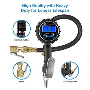 Etekcity Digital Tire Inflator with Pressure Gauge Air Chuck and Compressor Accessories Heavy Duty Brass with Rubber Hose Quick Connect Couple Leakproof 250 PSI 0.1