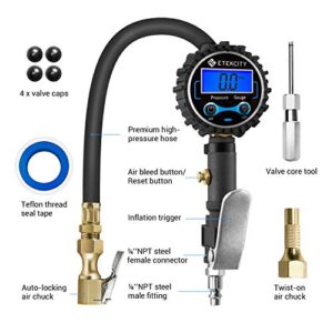 Etekcity Digital Tire Inflator with Pressure Gauge Air Chuck and Compressor Accessories Heavy Duty Brass with Rubber Hose Quick Connect Couple Leakproof 250 PSI 0.1