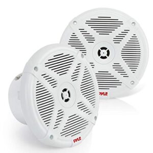 pyle 6.5 inch bluetooth marine speakers - 2-way ip-x4 waterproof and weather resistant outdoor audio dual stereo sound system with 600 watt power and low profile design - 1 pair - plmrbt65w (white)