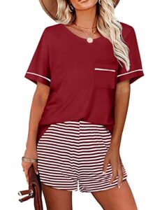 ekouaer sleepwear womens pajamas soft comfy two pieces pajama set women's casual 2 piece shorts outfits,wine red m