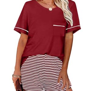 Ekouaer Sleepwear Womens Pajamas Soft Comfy Two Pieces Pajama Set Women's Casual 2 Piece Shorts Outfits,Wine Red M