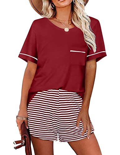 Ekouaer Sleepwear Womens Pajamas Soft Comfy Two Pieces Pajama Set Women's Casual 2 Piece Shorts Outfits,Wine Red M