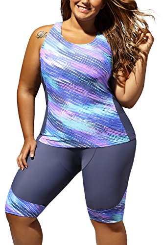 JooMeryer Women's Zigzag Print Plus Size Two Piece Tankini Swimsuits Swimwear,Blue & Grey,5XL