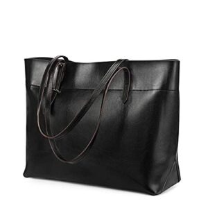 kattee vintage genuine leather tote shoulder bag for women satchel handbag with top handles (black)