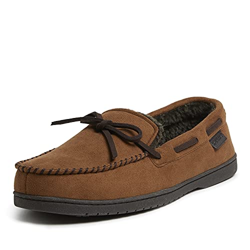 Dearfoams Men's Microsuede Moccasin with Tie Slipper, Chestnut, Medium