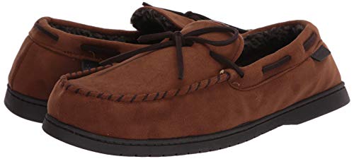 Dearfoams Men's Microsuede Moccasin with Tie Slipper, Chestnut, Medium