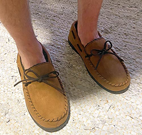 Dearfoams Men's Microsuede Moccasin with Tie Slipper, Chestnut, Medium