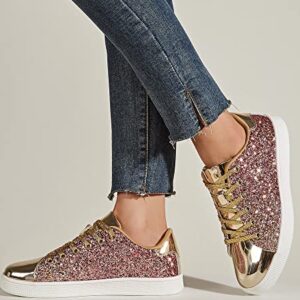 LUCKY STEP Glitter Sneakers Lace up | Fashion Sneakers | Sparkly Shoes for Women (10 B(M) US, Gold)