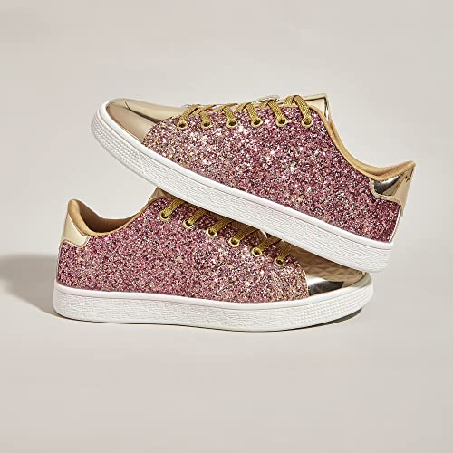 LUCKY STEP Glitter Sneakers Lace up | Fashion Sneakers | Sparkly Shoes for Women (10 B(M) US, Gold)