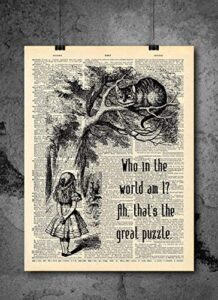 alice in wonderland who in the world am i quote dictionary art print - vintage dictionary print 8x10 inch home vintage art wall art for home decor for living room bedroom ready-to-frame