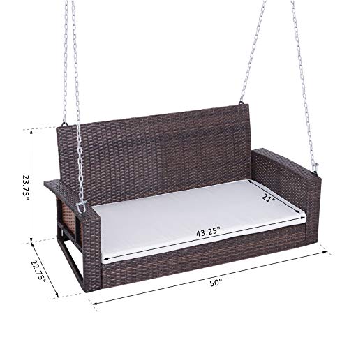 Outsunny 2 Person Wicker Hanging Swing Bench, Front Porch Swing Outdoor Chair with Cushions 550 lbs. Weight Capacity for Backyard, Garden, Cream White